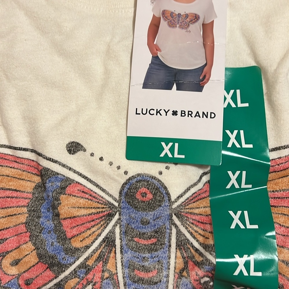 Lucky Brand Cream Scoop Neck Tee with Purple and Orange Butterfly - Picture 3 of 7